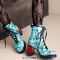 Round Toe Chunky Heels Printing Wood Grain Ankle Highs Autumn Boots - Blue Patent