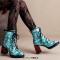 Round Toe Chunky Heels Printing Wood Grain Ankle Highs Autumn Boots - Blue Patent