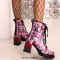 Round Toe Chunky Heels Printing Wood Grain Ankle Highs Autumn Boots - Pink Patent