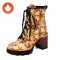 Round Toe Chunky Heels Printing Wood Grain Ankle Highs Autumn Boots - Yellow Patent