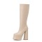 Square Toe Chunky Heels Double Platforms Knee Highs Boots - Beige Faux Leather