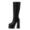 Square Toe Chunky Heels Double Platforms Knee Highs Boots - Black Faux Leather