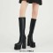 Square Toe Chunky Heels Double Platforms Knee Highs Boots - Black Faux Leather