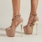 Peep Toe Banquet Stiletto Golden Metal Heels Cross Straps Platforms Catwalk Sandals - Apricot Patent
