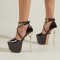 Peep Toe Banquet Stiletto Golden Metal Heels Cross Straps Platforms Catwalk Sandals - Black Patent