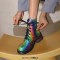 Round Toe Lace Up Low Chunky Heels Ankle Highs - Iridescence Multicolor Patent