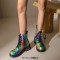 Round Toe Lace Up Low Chunky Heels Ankle Highs - Iridescence Multicolor Patent