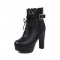 Round Toe Block Heels Ankle Buckle Straps LaceUp Booties with Back Zipper - Black