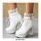 Round Toe Block Heels Ankle Buckle Straps LaceUp Booties with Back Zipper - White