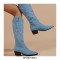 Pointed Toe Cross Denim Thick Heels Western Ankle Highs Cowboy Boots - Blue