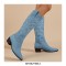 Pointed Toe Cross Denim Thick Heels Western Ankle Highs Cowboy Boots - Blue