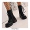 Round Toe Chunky Heels Platforms Ankle LaceUp Floral Embroidery Boots with Side Zipper - Black