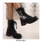Round Toe Chunky Heels Platforms Ankle LaceUp Floral Embroidery Boots with Side Zipper - Black