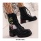 Round Toe Chunky Heels Platforms Ankle LaceUp Floral Embroidery Boots with Side Zipper - Black