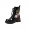 Round Toe Chunky Heels Platforms Ankle LaceUp Floral Embroidery Boots with Side Zipper - Black