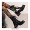 Round Toe Chunky Heels Platforms Ankle LaceUp Floral Embroidery Boots with Side Zipper - Black