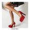 Pointed Toe Block Heels Fabric Embroidery Flowers Platforms Pumps - Red