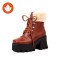 Round Toe Chunky Heels Lace Up Autumn Boots - Brown Faux Leather