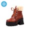 Round Toe Chunky Heels Lace Up Winter Boots - Brown Faux Leather