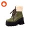 Round Toe Chunky Heels Lace Up Autumn Boots - Green Faux Leather