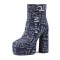 Round Toe Chunky Heels Ankle Highs Side Zipper Letter Printed Platforms Boots - DarkBlue Fabric