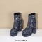 Round Toe Chunky Heels Ankle Highs Side Zipper Letter Printed Platforms Boots - DarkBlue Fabric