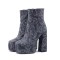 Round Toe Chunky Heels Ankle Highs Side Zipper Flower Printed Platforms Boots - DarkBlue Fabric