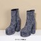 Round Toe Chunky Heels Ankle Highs Side Zipper Flower Printed Platforms Boots - DarkBlue Fabric