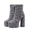 Round Toe Chunky Heels Ankle Highs Side Zipper Butterfly Printed Platforms Boots - Gray Fabric