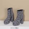 Round Toe Chunky Heels Ankle Highs Side Zipper Butterfly Printed Platforms Boots - Gray Fabric
