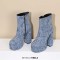 Round Toe Chunky Heels Ankle Highs Side Zipper Flower Printed Platforms Boots - LightBlue Fabric