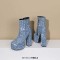 Round Toe Chunky Heels Ankle Highs Side Zipper Letter Printed Platforms Boots - LightBlue Fabric