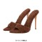 Pointed Open Toe Stiletto Heels Slip On Sherpa Slippers Sandals - Brown Faux Wool