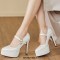 Chunky Heels Pointed Toe Mary Janes Checkered Platforms Pumps Sandals - Beige