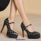 Chunky Heels Pointed Toe Mary Janes Checkered Platforms Pumps Sandals - Beige