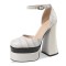 Chunky Heels Square Toe Ankle Buckle Straps Platforms Pumps Sandals - Beige