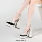 Chunky Heels Square Toe Ankle Buckle Straps Platforms Pumps Sandals - Beige
