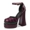 Chunky Heels Square Toe Ankle Buckle Straps Platforms Pumps Sandals - Burgundy