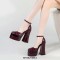 Chunky Heels Square Toe Ankle Buckle Straps Platforms Pumps Sandals - Burgundy