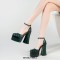Chunky Heels Square Toe Ankle Buckle Straps Platforms Pumps Sandals - Green