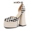 Chunky Heels Square Toe Ankle Buckle Straps Checkered Platforms Pumps Sandals - Beige