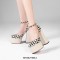 Chunky Heels Square Toe Ankle Buckle Straps Checkered Platforms Pumps Sandals - Apricot