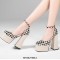 Chunky Heels Square Toe Ankle Buckle Straps Checkered Platforms Pumps Sandals - Apricot