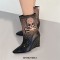 Pointed Toe Shiny Skull Ankle Highs Wedges Boots - Black