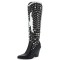 Pointed Toe Chunky Heels Rhinestones Crystals Cowboy Western Knee Highs Boots - Black