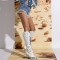 Pointed Toe Chunky Heels Rhinestones Crystals Cowboy Western Knee Highs Boots - White