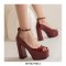 Peep Toe Ankle Buckle Straps Chunky Heels Platforms Pumps - Wine Red