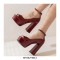 Peep Toe Ankle Buckle Straps Chunky Heels Platforms Pumps - Wine Red