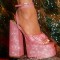 Peep Toe Butterfly Knot Ankle Gladiator Buckle Straps Chunky Heels Platforms Glitters Sandals - Pink