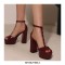 Peep Toe Ankle Buckle TStraps Platforms Chunky Heels Summer Pumps - Wine Red